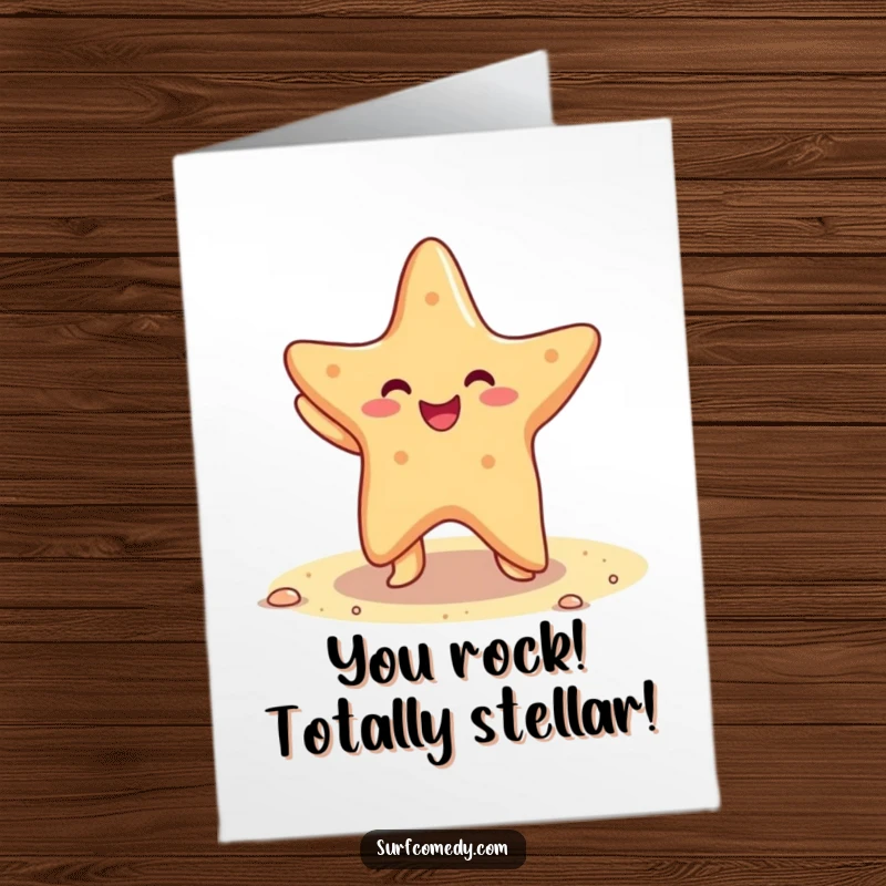 Funny Free Printable Congratulations Card, a cheerful kawaii starfish performing a happy dance on the sand, celebratory downloadable gift.