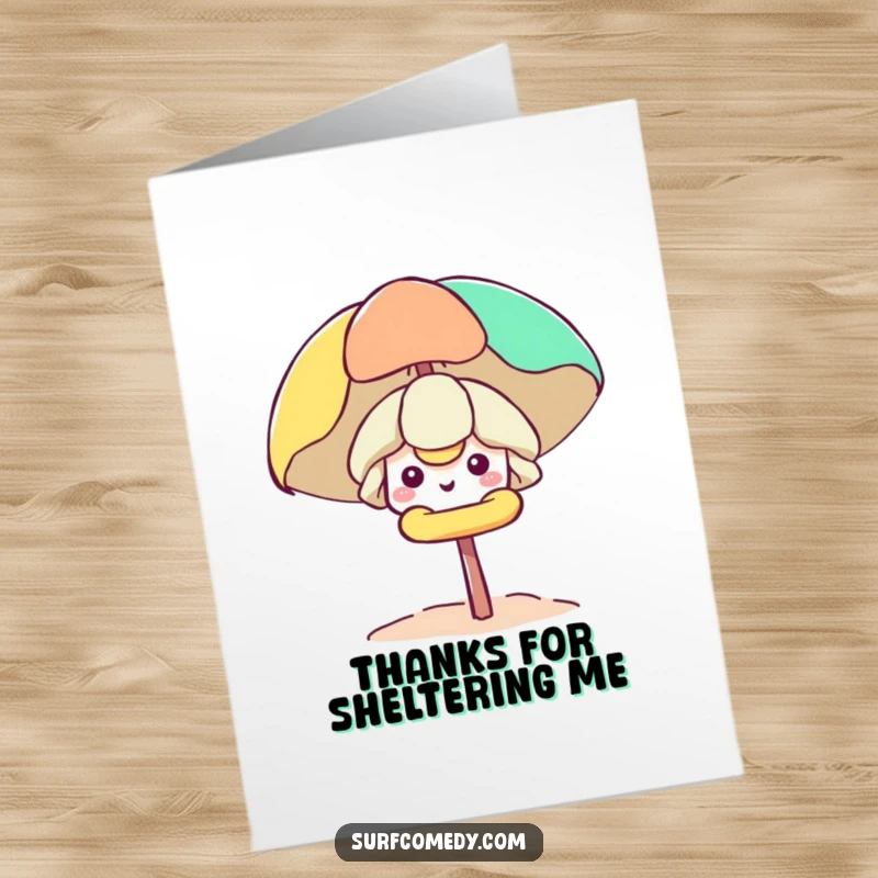 Free Printable Thank You Card: A smiling Kawaii character peeks from a beach umbrella, conveying heartfelt thanks.