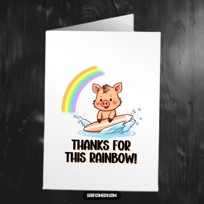 Funny Free Printable Thank You Card: A happy little boar character splashing water with its board, creating a rainbow to express thanks joyfully.
