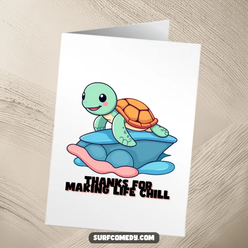 Funny Free Printable Sea Turtle Thank You Card, a cheerful turtle surfing a shell, sending warm thanks.