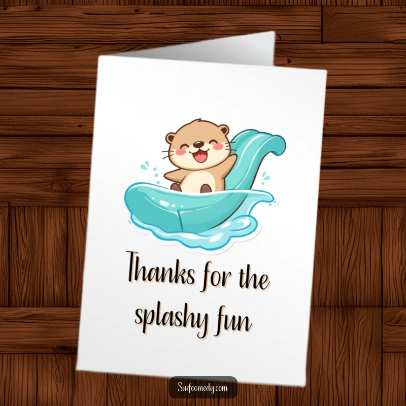 Funny Free Printable Thank You Card: A happy otter slides down a water slide, sending thanks with joy.