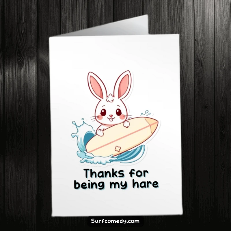 Funny Free Printable Thank You Card: Rabbit with a surfboard shield, playfully protected from a wave splash.