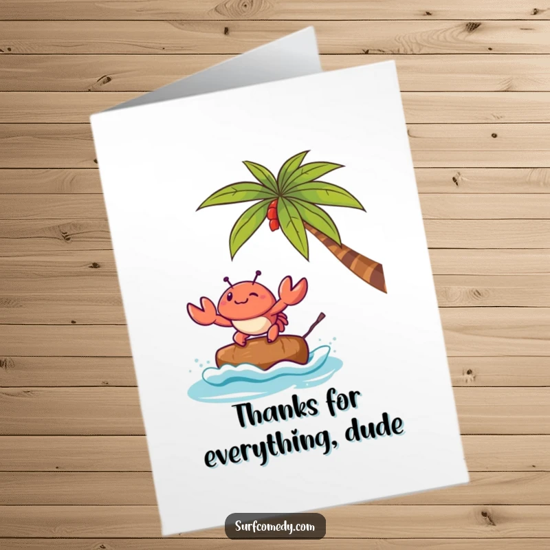 Funny Free Printable Thank You Card featuring a Kawaii crab balancing on a coconut, expressing thanks with a comical surfing attempt.