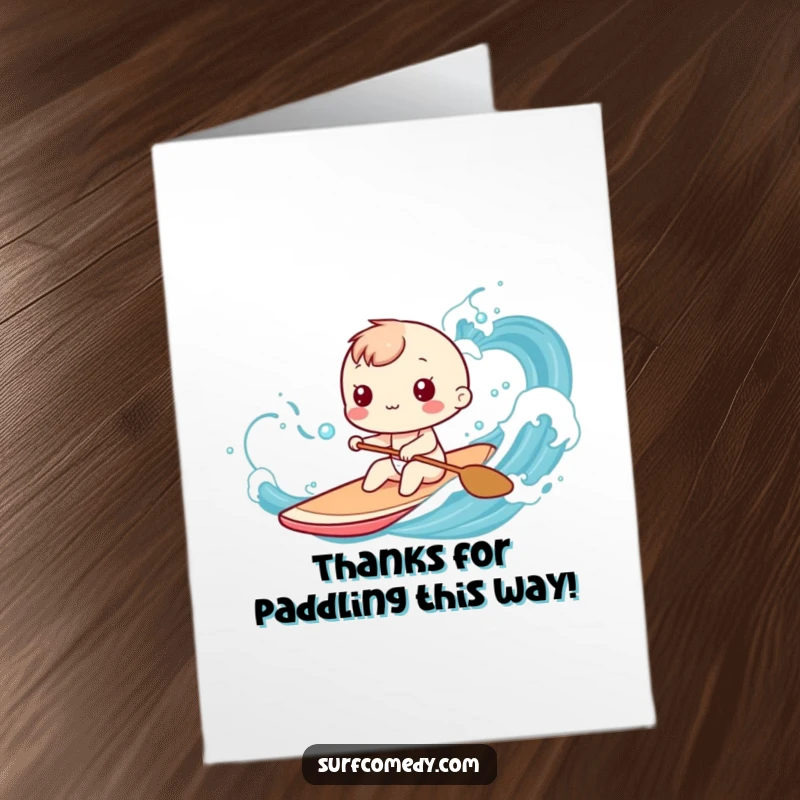 Funny Free Printable Thank You Card: A Kawaii character paddles a surfboard through stylized waves, a peaceful thank you.