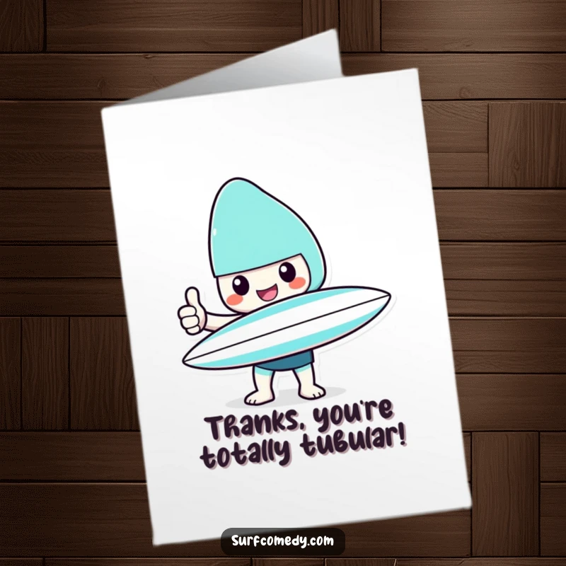 Funny Free Printable Thank You Card: A Kawaii character holds a surfboard, giving a cheerful thumbs up of thanks.