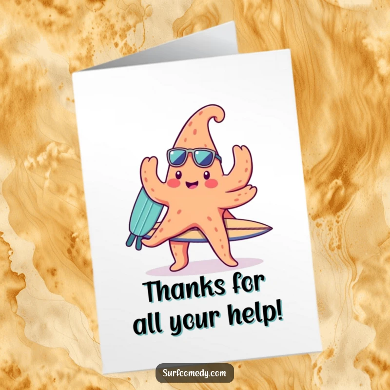 Funny Free Printable Thank You Card with a cute kawaii starfish character balancing a surfboard, ready for fun.
