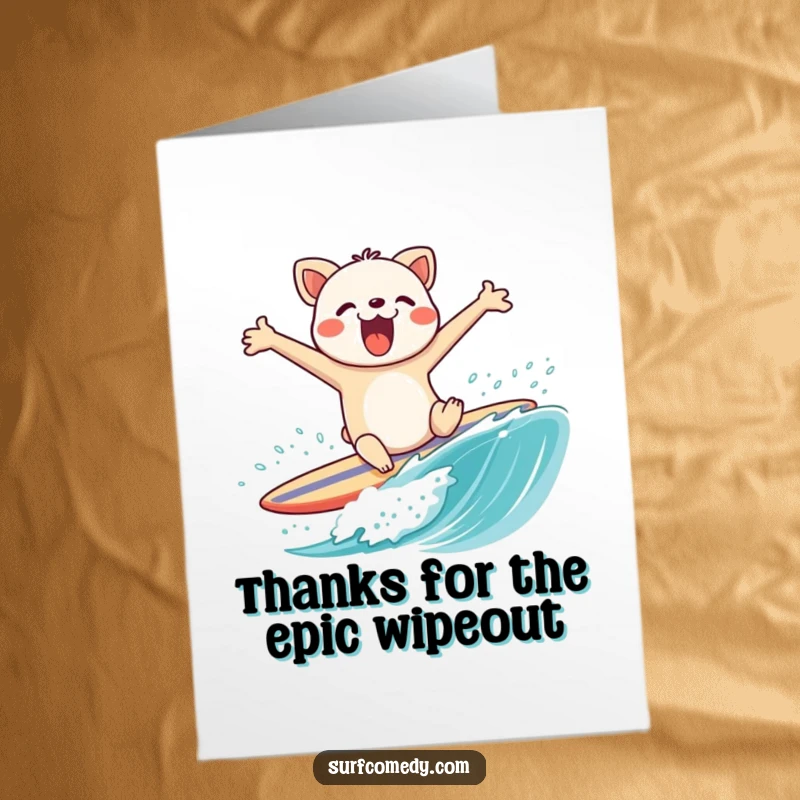 Funny Free Printable Thank You Card: Surfing animal wiping out on a surfboard, arms flailing, comical DIY expression of thanks.