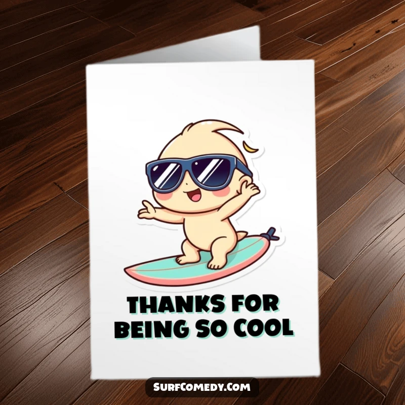 Funny Free Printable Thank You Card: Kawaii character with sunglasses strikes a cool pose on a surfboard, expressing thanks.