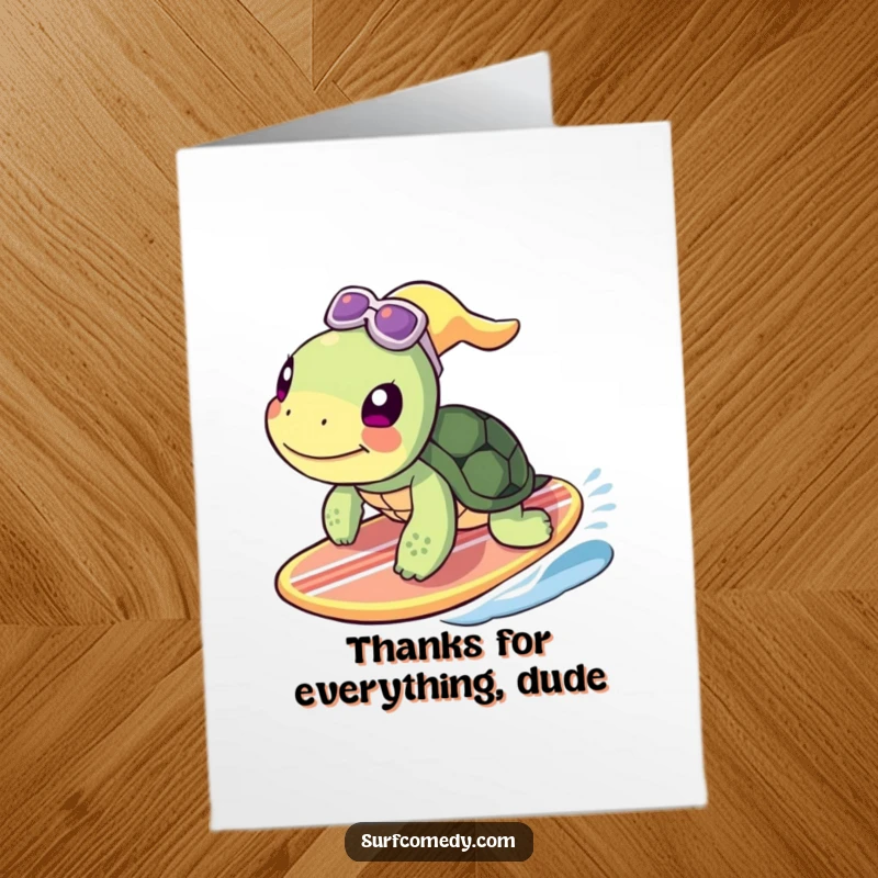 Funny free printable thank you card with a beaming turtle riding a surfboard, expressing gratitude with flippers in the air.