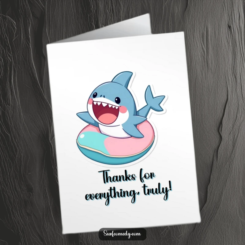 Funny Free Printable Thank You Card: Cute shark riding an inner tube, expressing gratitude with a happy splash.