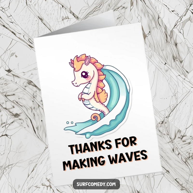 Funny Free Printable Thank You Card: A happy kawaii seahorse glides on an ocean wave, sending thanks.