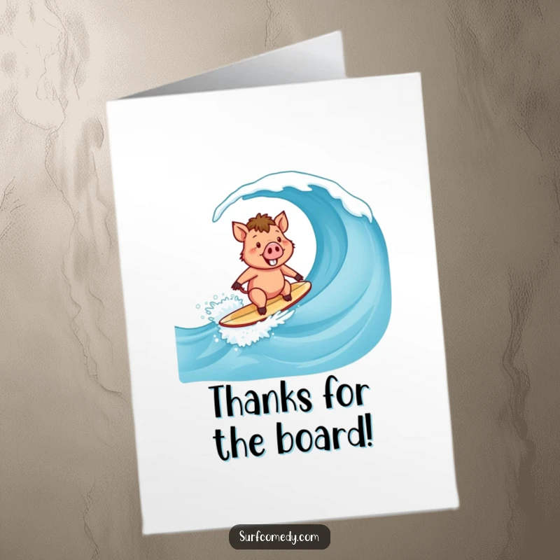 Funny Free Printable Thank You Card: Small happy surfer boar riding a wave with a big smile, thank you wave, printable.