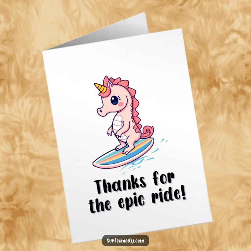 Funny Free Printable Thank You Card: Cute seahorse character riding a surfboard with glee, expressing heartfelt thanks, printable.