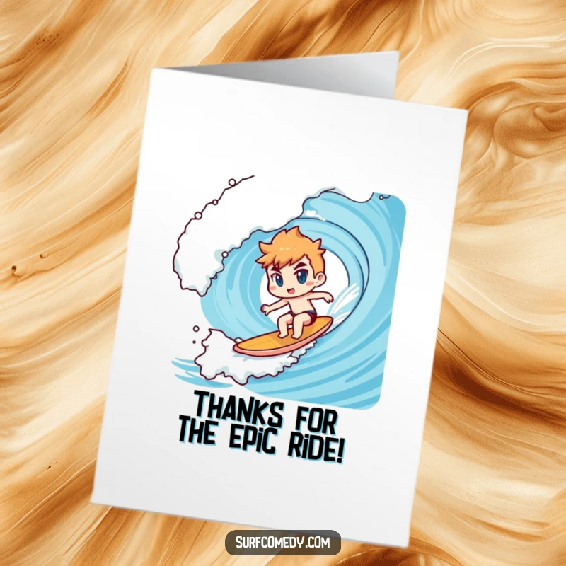 Funny Free Printable Thank You Card: A determined Kawaii character surfs a huge wave, symbolizing strong gratitude.