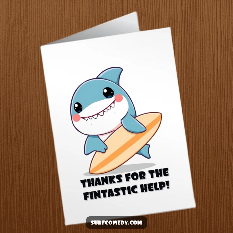 Funny Free Printable Thank You Card: A happy kawaii shark playfully nudges a surfboard, expressing gratitude with a big grin.