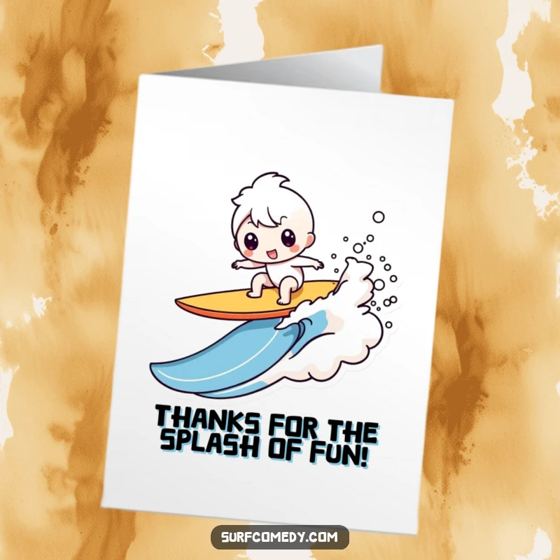 Funny Free Printable Thank You Card: Kawaii character wipes out dramatically on a surfboard, a funny thank you.