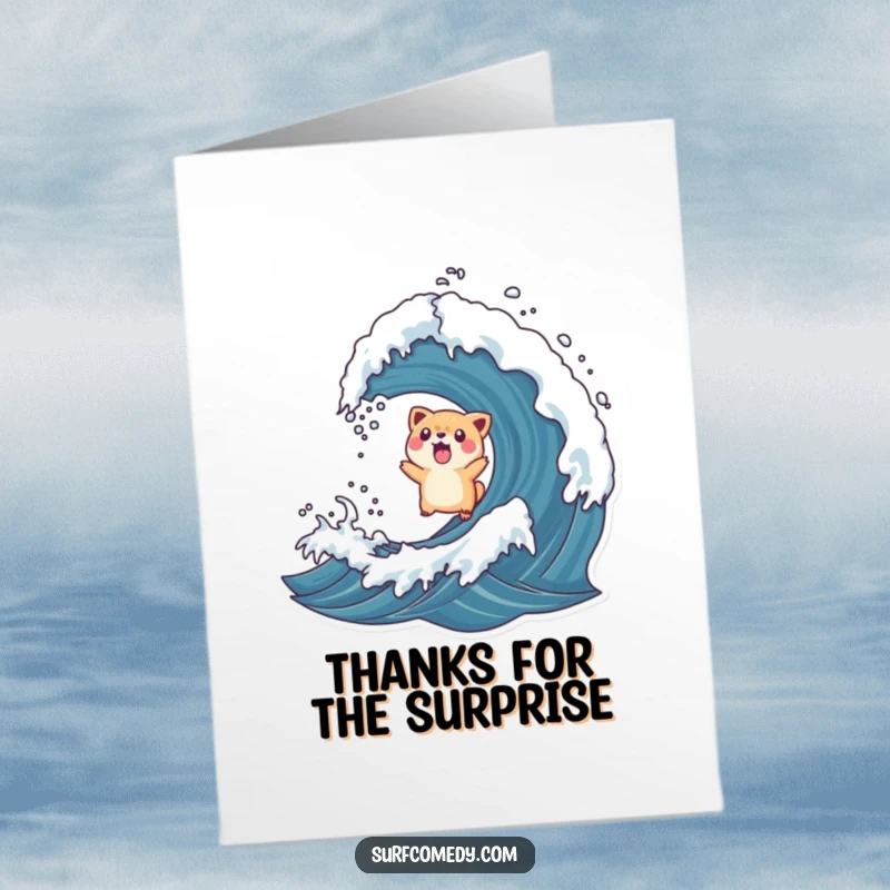 Funny Free Printable Thank You Card: Surprised animal launched by a wave, a comical and unexpected thank you.