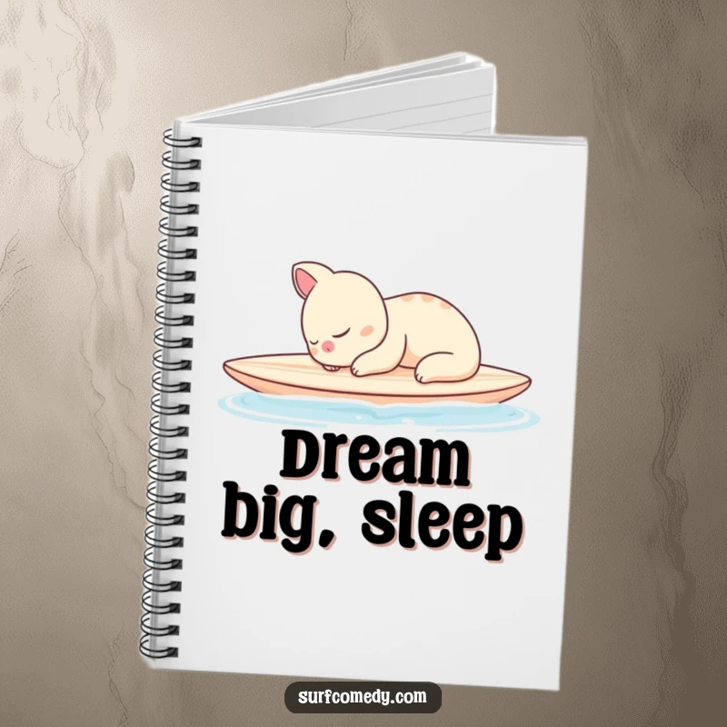 Funny notebook featuring a sleepy animal character peacefully napping on a surfboard in calm waters, great for journaling.