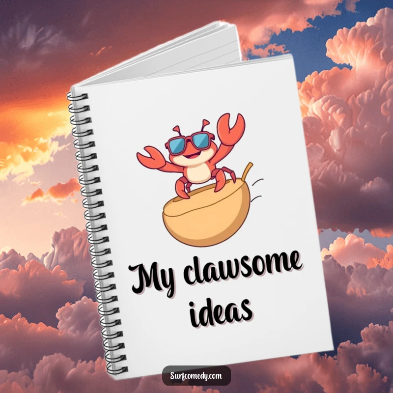 Funny notebook cover showing a playful crab in sunglasses surfing on a coconut, offering a cool and humorous space for notes and ideas.