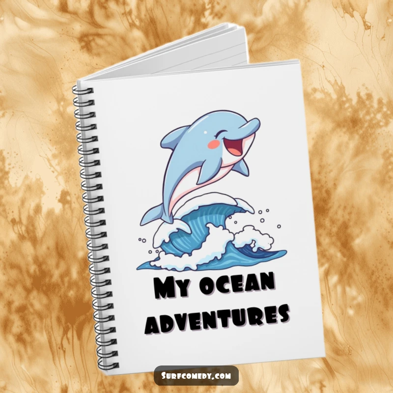 Funny laughing dolphin leaping over a playful wave, on a notebook cover for capturing brilliant ideas.
