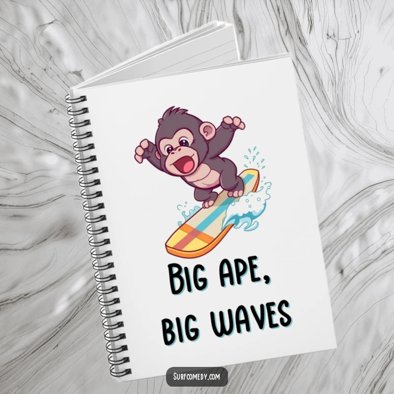 Funny notebook featuring a gorilla mid-dive from a surfboard, ready to capture your notes and doodles.