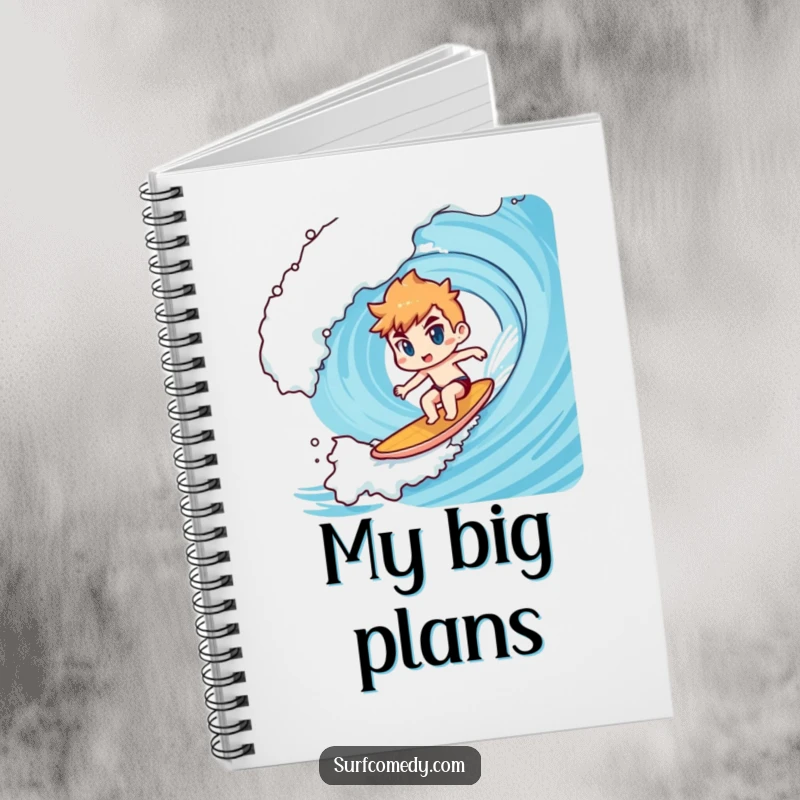 Funny Kawaii character notebook showing determined surfing on a giant wave, an ideal funny gift.