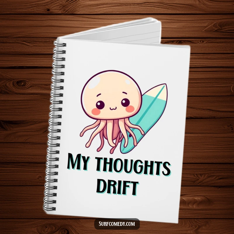 Funny kawaii jellyfish character floating curiously near a surfboard, perfect for a funny notebook.