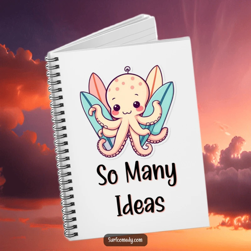 Funny kawaii octopus character holding multiple surfboards with tentacles, perfect funny notebook.