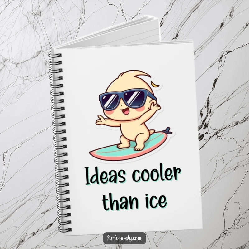 Funny Kawaii notebook cover with a cool character on a surfboard, inspiring sunny thoughts and beach adventures.