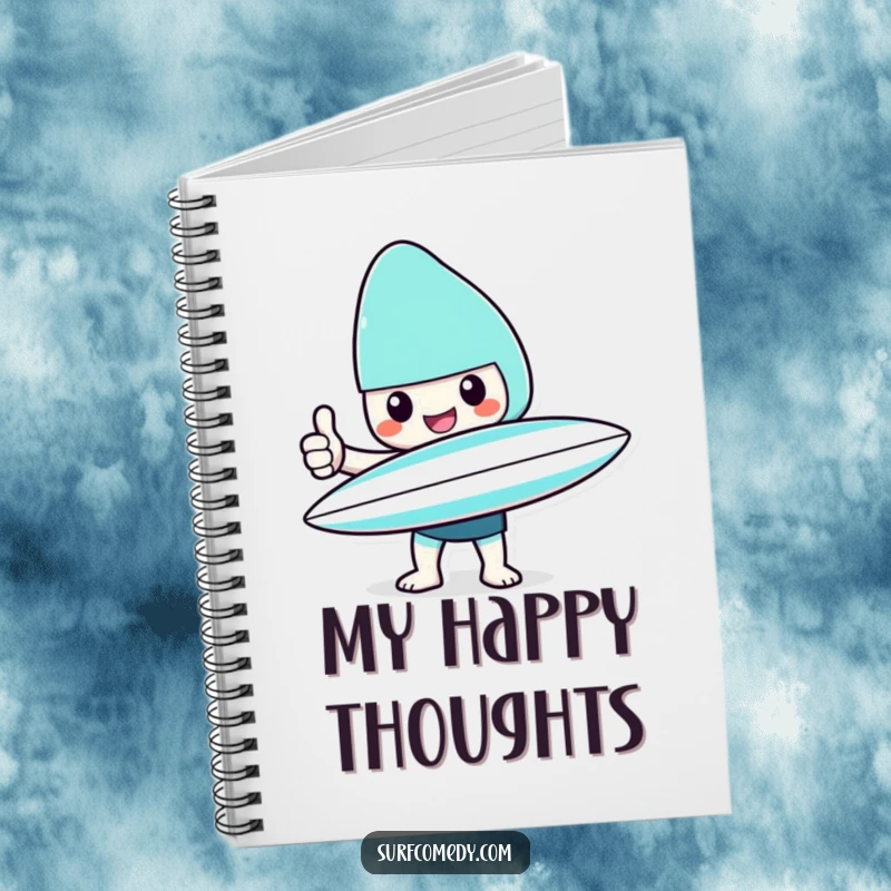 Funny Kawaii character notebook with surfboard giving a cheerful thumbs up, an ideal funny gift.