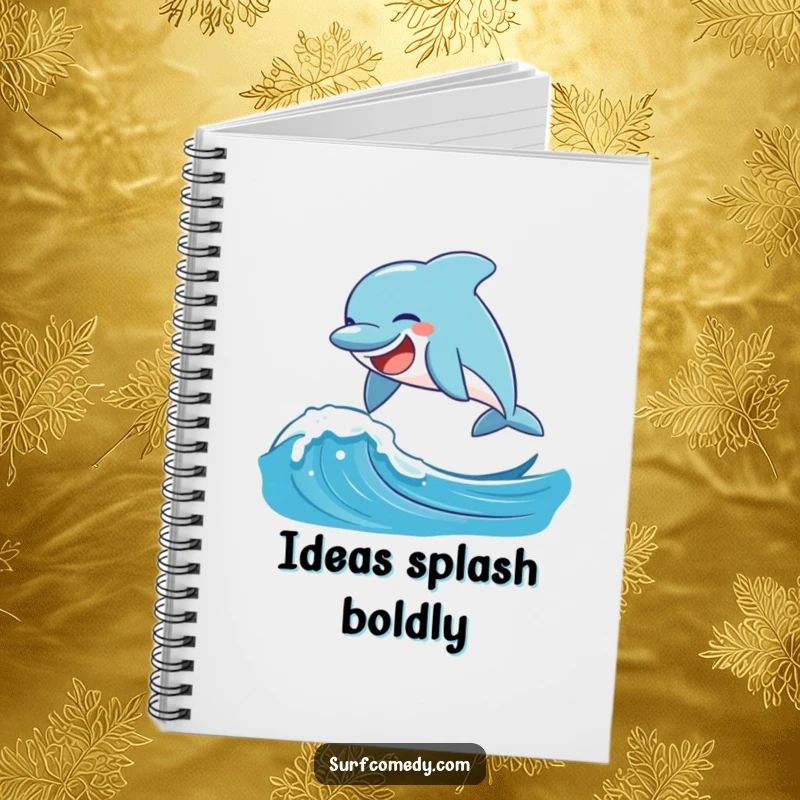 Funny laughing dolphin leaping over a playful ocean wave on the cover of this cute notebook.