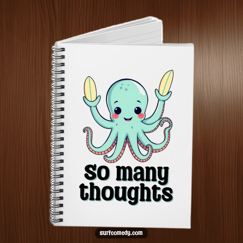 Funny notebook cover featuring a happy octopus juggling surfboards with its tentacles, for planning and notes.