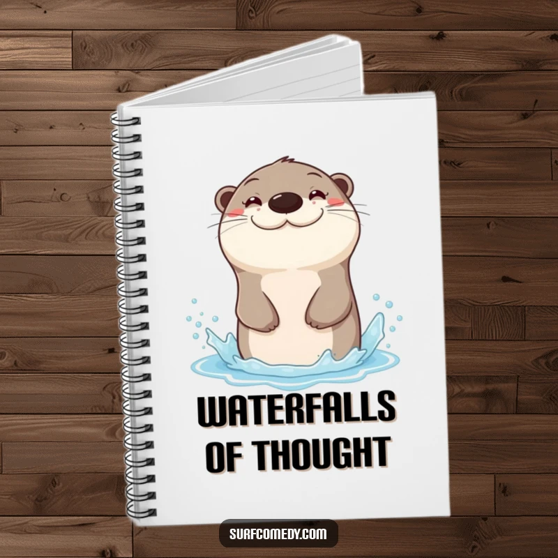 Funny notebook cover featuring a sea otter with a wide grin, sliding down a water spray, for notes.