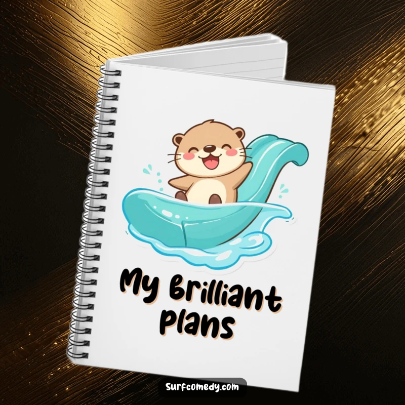 Funny otter character riding a water slide, featured on a notebook for capturing fun ideas.