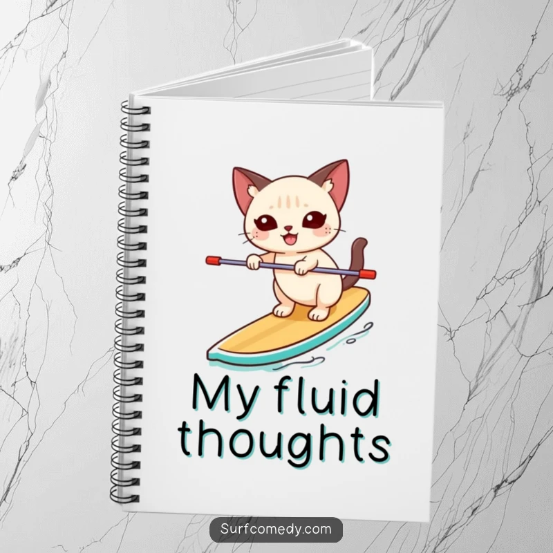 Funny Siamese cat happily balancing unsteadily on a paddleboard on a notebook cover, inspiring creative writing and water-themed doodles.
