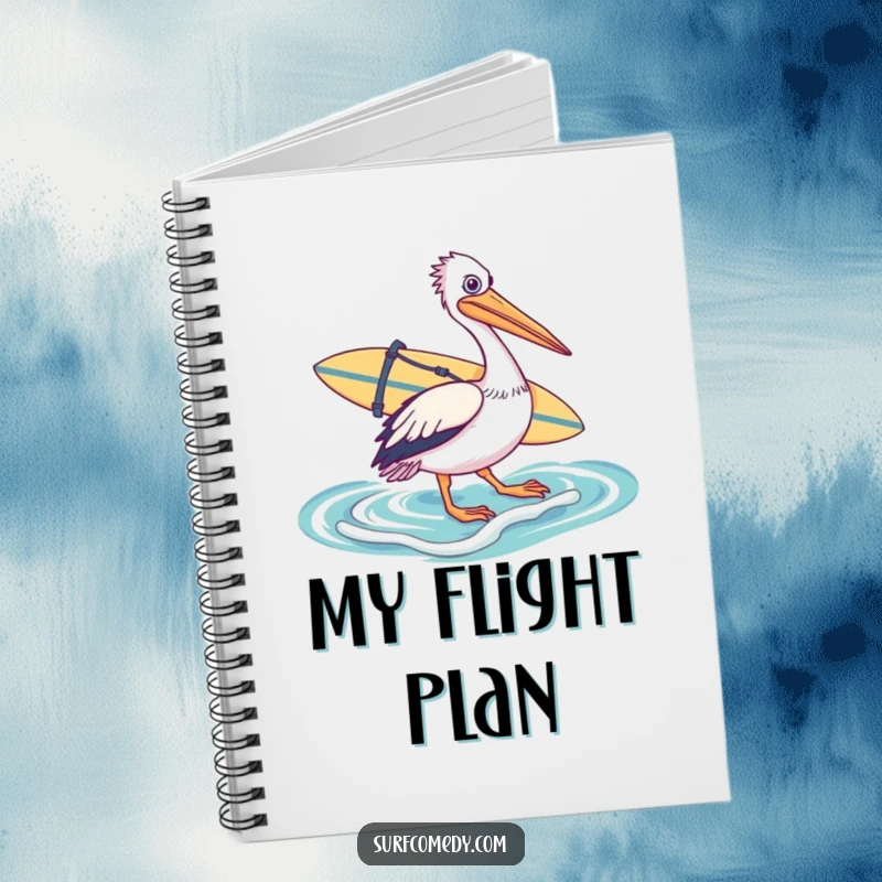 Funny notebook cover showing a pelican with a surfboard, heading into the ocean, offering a humorous space for notes and ideas.