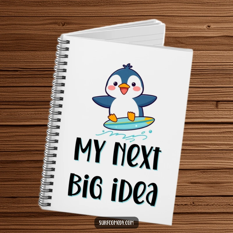 Funny penguin character on a surfboard, featured on a notebook cover for jotting down funny thoughts.
