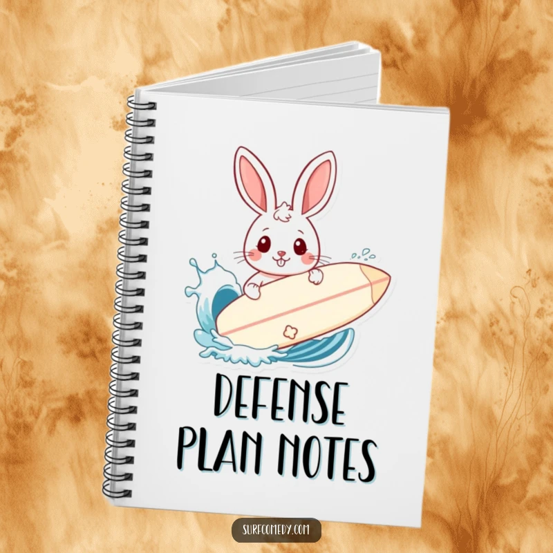 Funny notebook with a rabbit using a surfboard as a shield against a wave splash, ready for your notes.