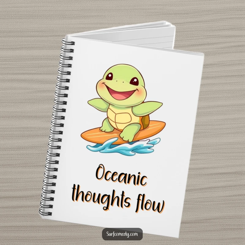 Funny cute sea turtle with a huge grin, riding a surfboard on the cover of this cute notebook.