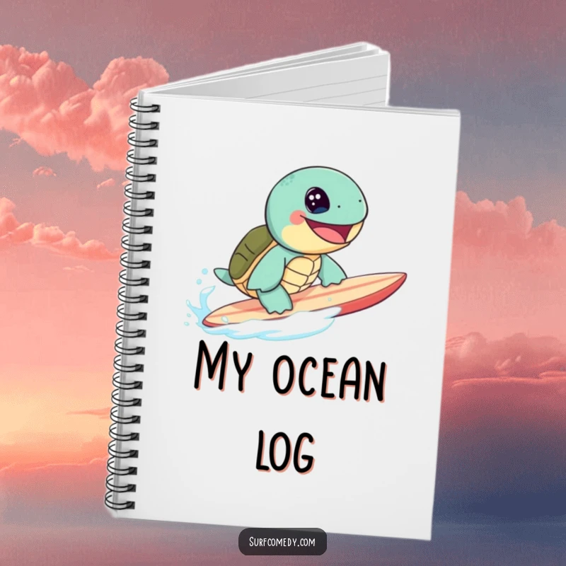 Funny cute sea turtle grinning widely while surfing a surfboard, on a notebook cover for capturing ideas.