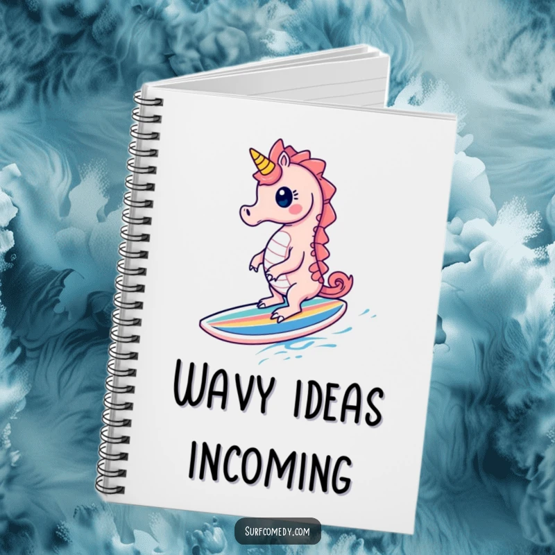Funny Seahorse Notebook: A cute seahorse character gleefully surfs on a tiny surfboard, ideal for note-taking.