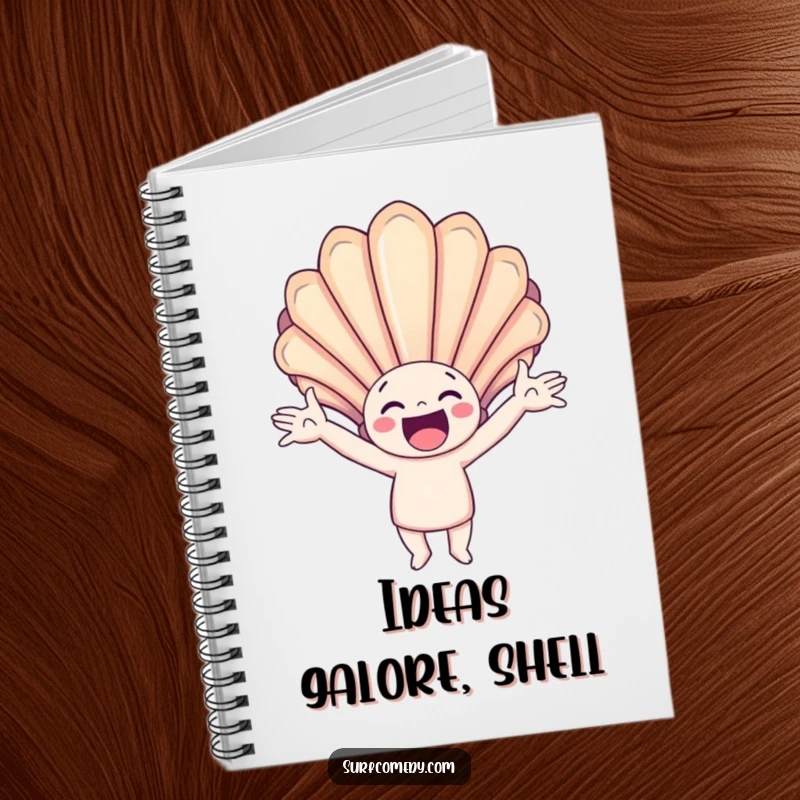 Funny notebook featuring a happy character with arms outstretched, catching a giant, colorful seashell, ideal for jotting beach ideas.