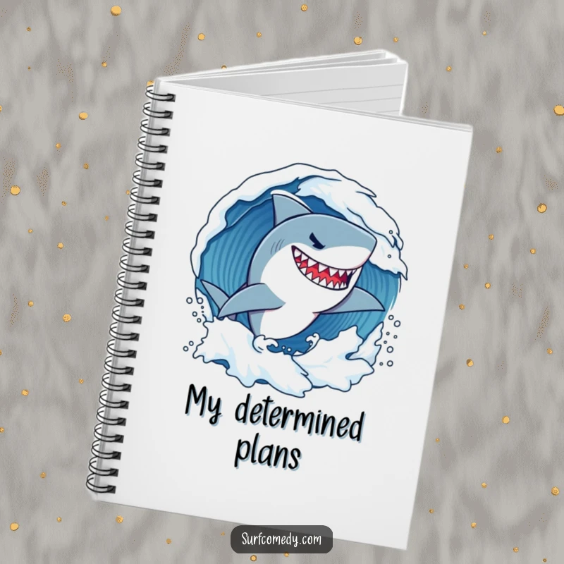 Funny determined shark character fiercely carving through a wave with a confident grin, a humorous journal for capturing ambitious ideas.