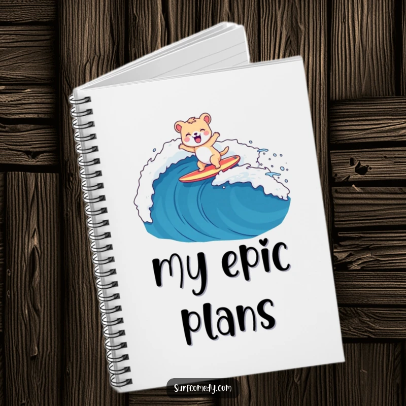 Funny notebook cover with a happy animal character surfing a large wave on a surfboard, idea capture.