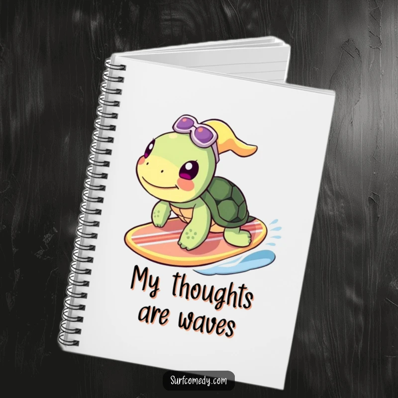 Funny turtle character with a surfboard, ready to jot down notes, a humorous and practical notebook for everyday use.