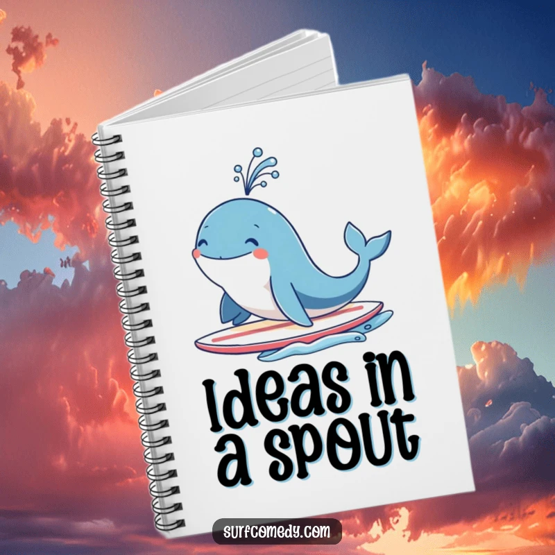 Funny smiling whale character on a surfboard, joyfully spouting water like a fountain, a humorous journal for capturing aquatic inspirations.