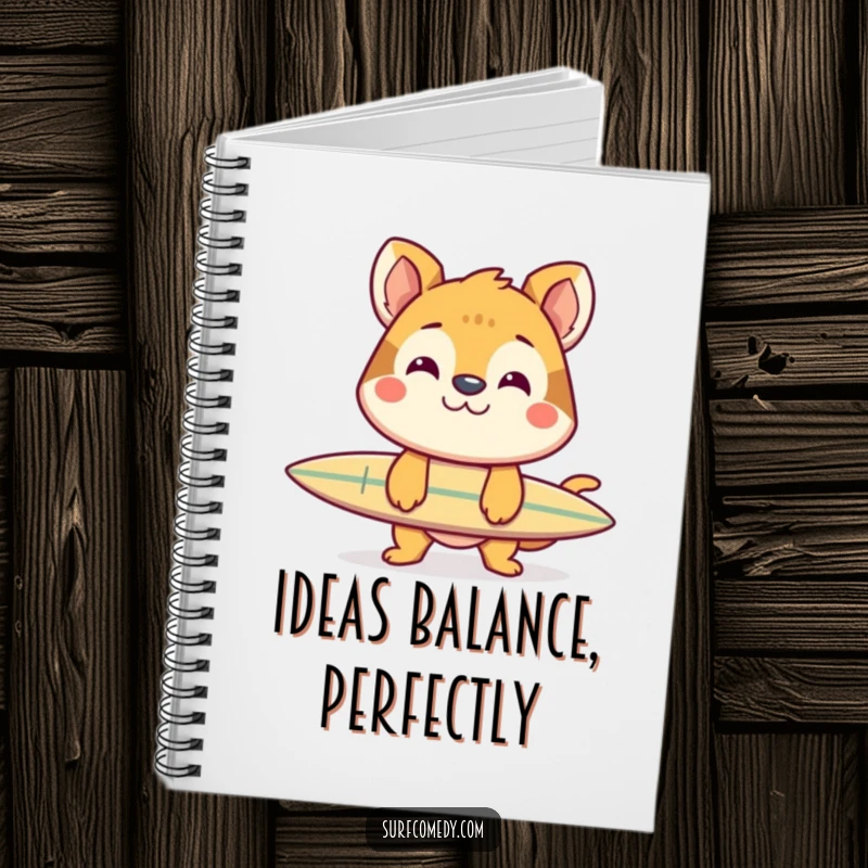 Funny notebook with a cheerful animal grinning while balancing a surfboard on its nose, perfect for jotting down funny thoughts.