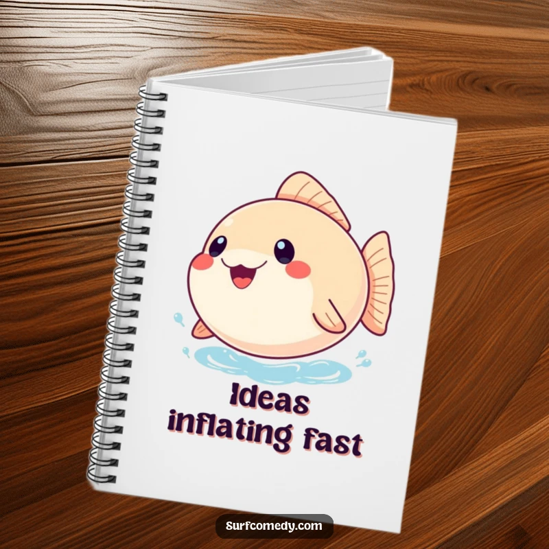 Funny notebook cover depicting a joyful, inflated pufferfish bobbing on the water, ideal for journaling with aquatic humor.