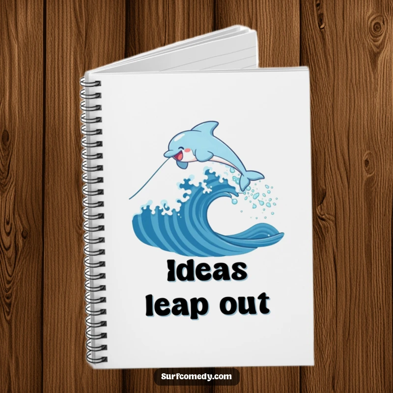 Funny notebook with a happy dolphin leaping over a stylized wave on the cover, inspiring creativity and ocean-themed notes.