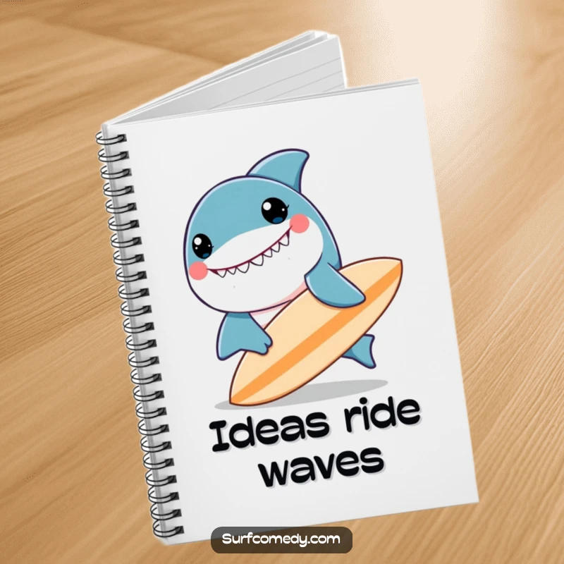 Funny kawaii shark character smiling, playing with a surfboard, ideal for a funny notebook.